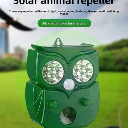 Solar Ultrasonic Animal Repeller - Owl Design with 14 LED Flashing Lights - Outdoor Motion Sensor Deterrent for Birds, Cats, Dogs & Rodents - 5 Adjustable Modes with USB Charging.