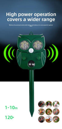Solar Ultrasonic Animal Repeller - Owl Design with 14 LED Flashing Lights - Outdoor Motion Sensor Deterrent for Birds, Cats, Dogs & Rodents - 5 Adjustable Modes with USB Charging.