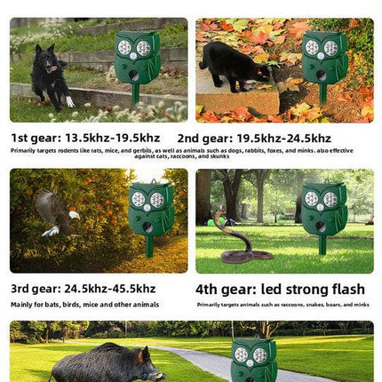 Solar Ultrasonic Animal Repeller - Owl Design with 14 LED Flashing Lights - Outdoor Motion Sensor Deterrent for Birds, Cats, Dogs & Rodents - 5 Adjustable Modes with USB Charging.