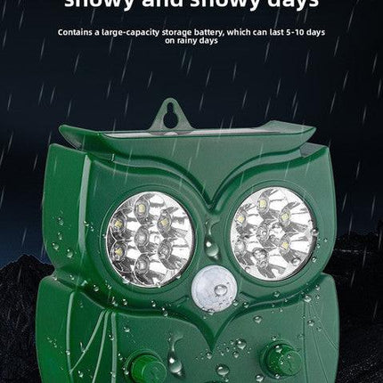 Solar Ultrasonic Animal Repeller - Owl Design with 14 LED Flashing Lights - Outdoor Motion Sensor Deterrent for Birds, Cats, Dogs & Rodents - 5 Adjustable Modes with USB Charging.