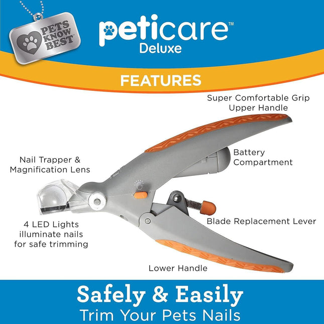 Illuminated Pet Nail Clippers with LED Light & Magnifier - Safety Claw Trimmer for Dogs & Cats - Lightweight Plastic Handle with Nail Catcher - 15cm Grey/Orange.