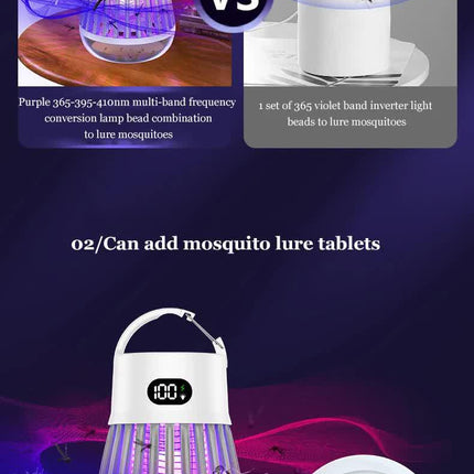 2-in-1 Rechargeable Mosquito Zapper & Camping Lantern - 2000V Electric Insect Killer with Smart Digital Display - 2000mAh Battery Portable Bug Trap for Outdoor Tent Patio & Home - IPX5 Waterproof - Black.