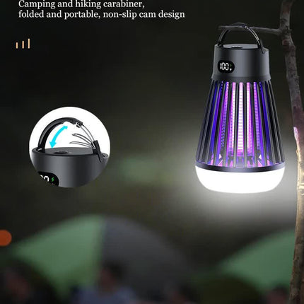 2-in-1 Rechargeable Mosquito Zapper & Camping Lantern - 2000V Electric Insect Killer with Smart Digital Display - 2000mAh Battery Portable Bug Trap for Outdoor Tent Patio & Home - IPX5 Waterproof - Black.