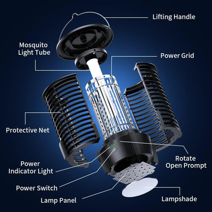 2-in-1 Rechargeable Mosquito Zapper & Camping Lantern - 3600mAh Battery - 2000V Electric Insect Killer with Bionic Trap Technology - Waterproof Outdoor Bug Trap - Black.