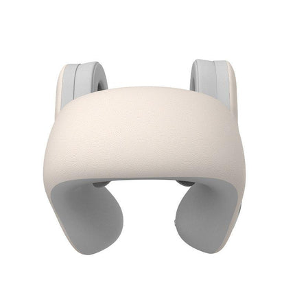 Smart 4-in-1 Travel Neck Pillow with ANC Headphones - Heated Vibration Massage & Bluetooth Audio - Memory Foam Support for Planes & Home - Beige.