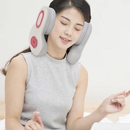 Smart 4-in-1 Travel Neck Pillow with ANC Headphones - Heated Vibration Massage & Bluetooth Audio - Memory Foam Support for Planes & Home - Beige.