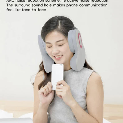 Smart 4-in-1 Travel Neck Pillow with ANC Headphones - Heated Vibration Massage & Bluetooth Audio - Memory Foam Support for Planes & Home - Beige.
