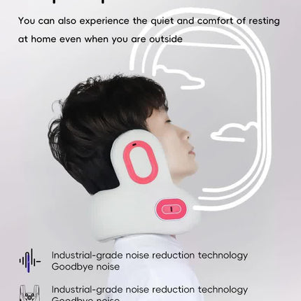 Smart 4-in-1 Travel Neck Pillow with ANC Headphones - Heated Vibration Massage & Bluetooth Audio - Memory Foam Support for Planes & Home - Beige.