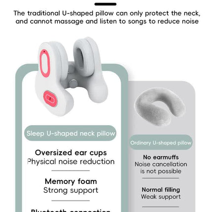 Smart 4-in-1 Travel Neck Pillow with ANC Headphones - Heated Vibration Massage & Bluetooth Audio - Memory Foam Support for Planes & Home - Beige.