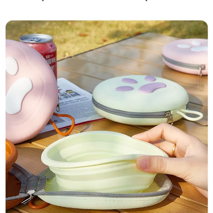 Portable Silicone Double Pet Bowl - Collapsible Travel Dog Feeder for Food & Water - 2 x 450ml Capacity with Zipper Case - Pink.