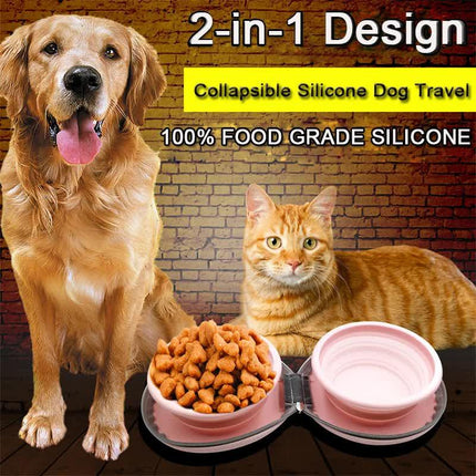 Portable Silicone Double Pet Bowl - Collapsible Travel Dog Feeder for Food & Water - 2 x 450ml Capacity with Zipper Case - Brown & Yellow.