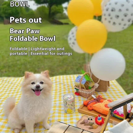 Portable Silicone Double Pet Bowl - Collapsible Travel Dog Feeder for Food & Water - 2 x 450ml Capacity with Zipper Case - Brown & Yellow.