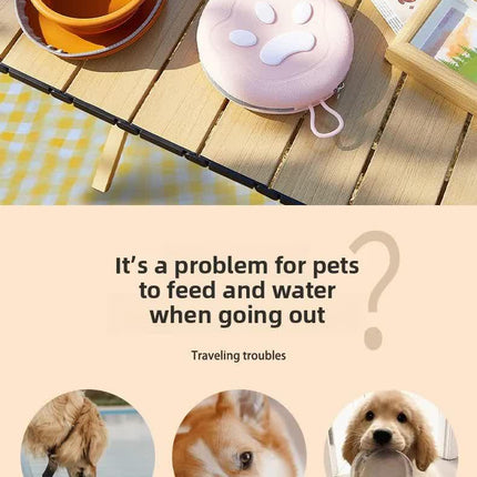 Portable Silicone Double Pet Bowl - Collapsible Travel Dog Feeder for Food & Water - 2 x 450ml Capacity with Zipper Case - Brown & Yellow.
