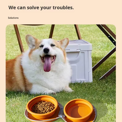 Portable Silicone Double Pet Bowl - Collapsible Travel Dog Feeder for Food & Water - 2 x 450ml Capacity with Zipper Case - Brown & Yellow.