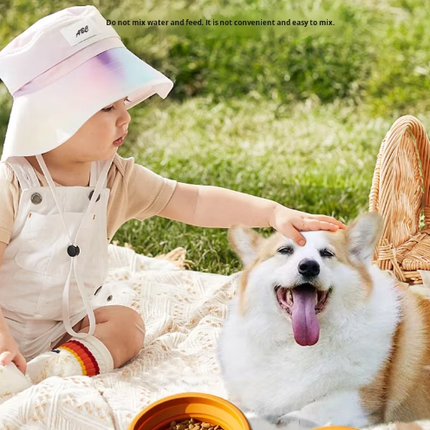 Portable Silicone Double Pet Bowl - Collapsible Travel Dog Feeder for Food & Water - 2 x 450ml Capacity with Zipper Case - Brown & Yellow.