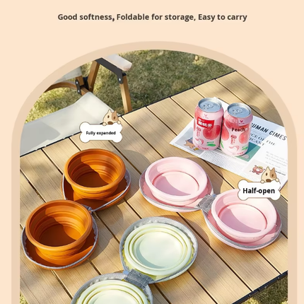 Portable Silicone Double Pet Bowl - Collapsible Travel Dog Feeder for Food & Water - 2 x 450ml Capacity with Zipper Case - Brown & Pink.