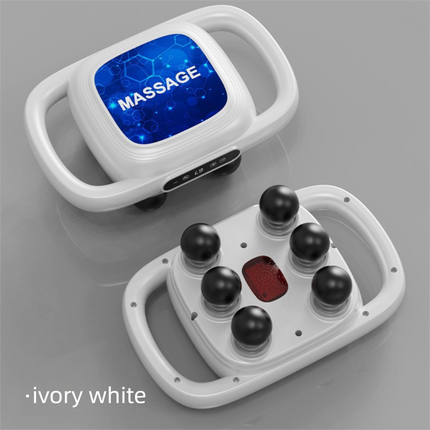6-Head Deep Tissue Percussion Massager - Cordless Electric Muscle Gun with Red Light Therapy - 9 Speed Dual Handle Body Relaxer for Back & Legs - Ivory White.