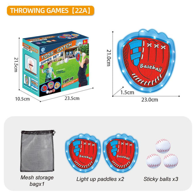 LED Light Up Toss and Catch Game Set - 2 Glowing Blue Paddles & 3 Sticky Softballs - Fun Outdoor Beach & Camping Toy for Kids & Adults - Includes Mesh Storage Bag.