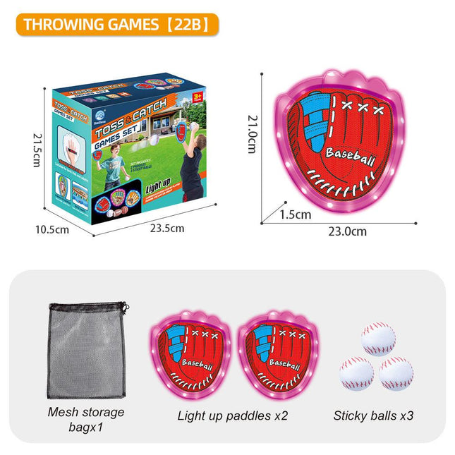 LED Light Up Toss and Catch Game Set - 2 Glowing Pink Paddles & 3 Sticky Softballs - Fun Outdoor Beach & Camping Toy for Kids & Adults - Includes Mesh Storage Bag.