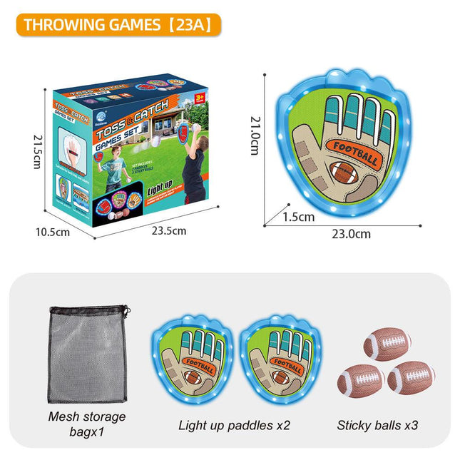 LED Light Up Toss and Catch Game Set - 2 Glowing Blue Paddles & 3 Sticky Rugby - Fun Outdoor Beach & Camping Toy for Kids & Adults - Includes Mesh Storage Bag.