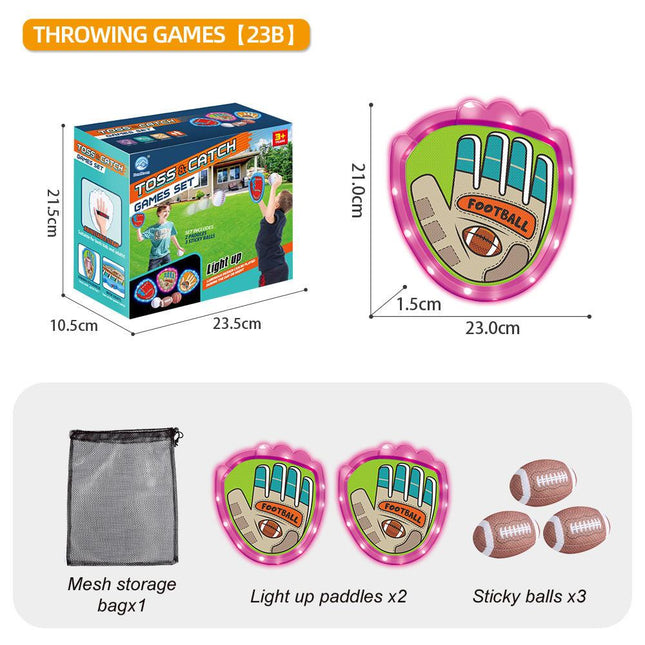 LED Light Up Toss and Catch Game Set - 2 Glowing Pink Paddles & 3 Sticky Rugby - Fun Outdoor Beach & Camping Toy for Kids & Adults - Includes Mesh Storage Bag.