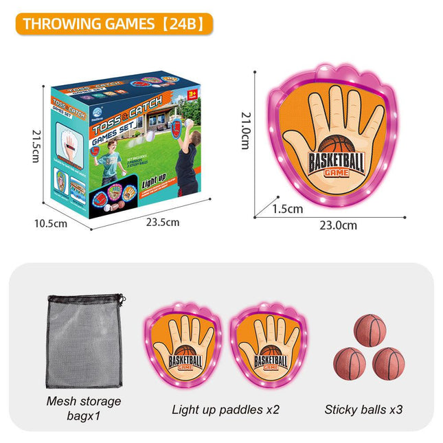 LED Light Up Toss and Catch Game Set - 2 Glowing Pink Paddles & 3 Sticky Basketball - Fun Outdoor Beach & Camping Toy for Kids & Adults - Includes Mesh Storage Bag.