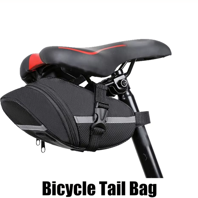 Bike Saddle Bag Under Seat Storage Pouch - Compact 600D Cycling Wedge Pack with Reflective Strip & Tail Light Loop - Quick Release Strap for MTB Road & Folding Bikes - Black