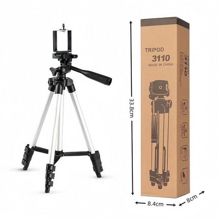 110cm Lightweight Camera & Phone Tripod Stand - Portable Aluminium Travel Tripod with 3-Way Head, Bubble Level & Universal Smartphone Holder - 3110 Adjustable Mount for Live Stream & Vlogging - Black and Silver.