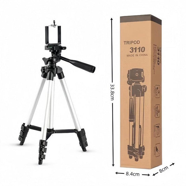 110cm Lightweight Camera & Phone Tripod Stand - Portable Aluminium Travel Tripod with 3-Way Head, Bubble Level & Universal Smartphone Holder - 3110 Adjustable Mount for Live Stream & Vlogging - Black and Silver.