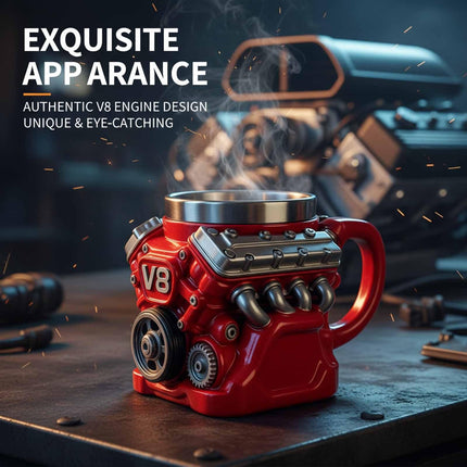 3D V8 Engine Coffee Mug Stainless Steel Liner Resin Novelty Cup 300ml Double Wall Insulated Gift for Car Enthusiasts Mechanics Red.