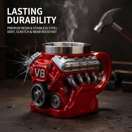 3D V8 Engine Coffee Mug Stainless Steel Liner Resin Novelty Cup 300ml Double Wall Insulated Gift for Car Enthusiasts Mechanics Red.