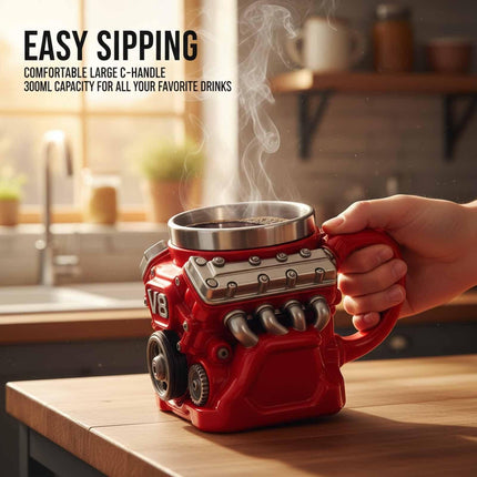 3D V8 Engine Coffee Mug Stainless Steel Liner Resin Novelty Cup 300ml Double Wall Insulated Gift for Car Enthusiasts Mechanics Red.
