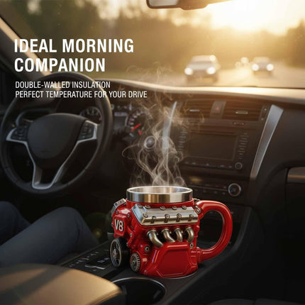 3D V8 Engine Coffee Mug Stainless Steel Liner Resin Novelty Cup 300ml Double Wall Insulated Gift for Car Enthusiasts Mechanics Red.