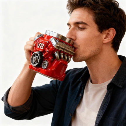 3D V8 Engine Coffee Mug Stainless Steel Liner Resin Novelty Cup 300ml Double Wall Insulated Gift for Car Enthusiasts Mechanics Red.