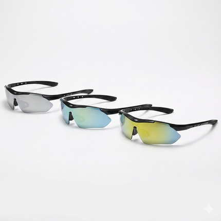 3 PCS Outdoor Cycling Sunglasses Set Black Frame Sports Glasses Silver Gold and Light Colorful Mirror Lenses UV Protection Unisex Running Fishing.