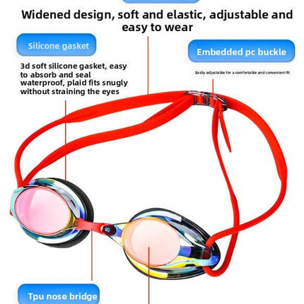 Red Swimming Goggles Mirrored Anti-Fog UV Protection Waterproof HD Silicone Seal Swim Glasses for Men Women Training.