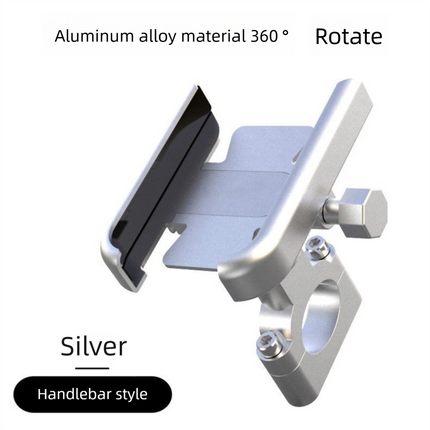 Universal Aluminium Motorcycle Phone Holder Handlebar Mount 360 Rotation Anti-Shake CNC Metal for Bike Scooter 4-7 Inch Phones Sliver.