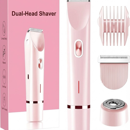 2-in-1 Electric Lady Shaver & Bikini Trimmer Dual Head Waterproof Wet & Dry Body Hair Remover Cordless Razor for Face Legs Underarms Pink.