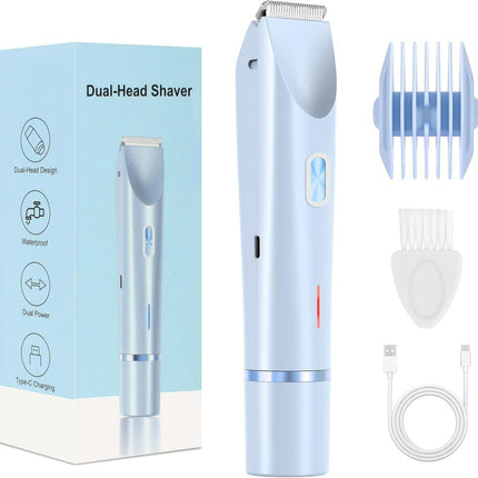 2-in-1 Electric Lady Shaver & Bikini Trimmer Dual Head Waterproof Wet & Dry Body Hair Remover Cordless Razor for Face Legs Underarms Blue.