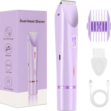 2-in-1 Electric Lady Shaver & Bikini Trimmer Dual Head Waterproof Wet & Dry Body Hair Remover Cordless Razor for Face Legs Underarms Purple.