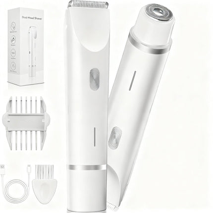 2-in-1 Electric Lady Shaver & Bikini Trimmer Dual Head Waterproof Wet & Dry Body Hair Remover Cordless Razor for Face Legs Underarms White.