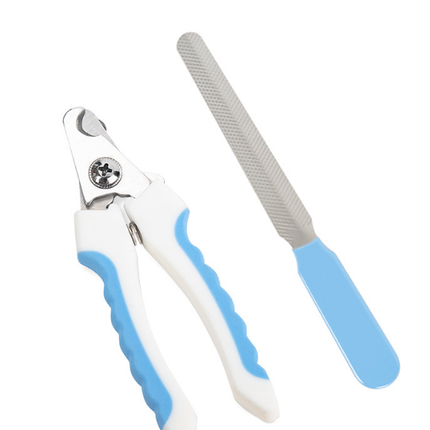 Pet Nail Clippers & File Set for Small Dogs Cats Stainless Steel Claw Trimmer with Safety Guard Non-Slip Handle Grooming Tool White & Blue.