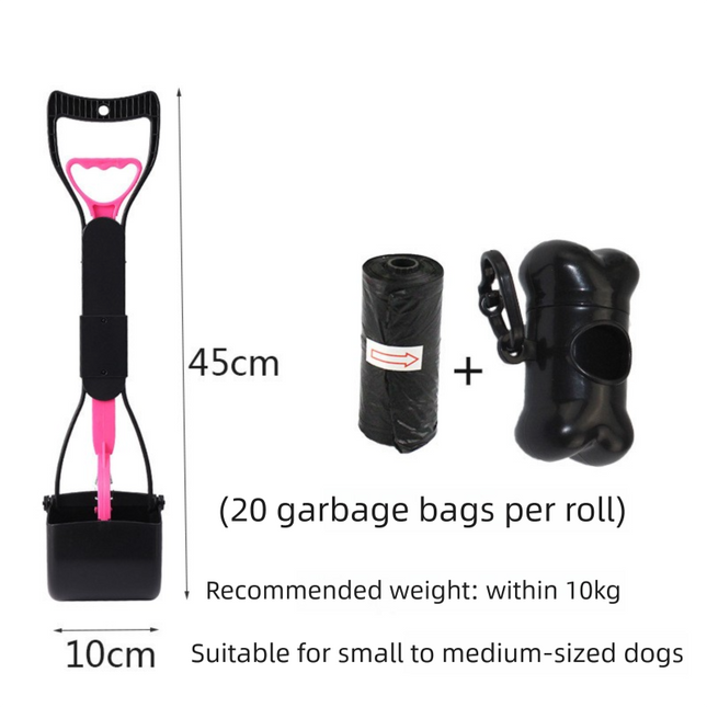 Medium Foldable Pet Pooper Scooper 45cm Portable Dog Waste Jaw Clamp with Bone Dispenser & 20 Bags Pink.