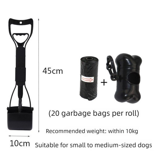 Medium Foldable Pet Pooper Scooper 45cm Portable Dog Waste Jaw Clamp with Bone Dispenser & 20 Bags Black.