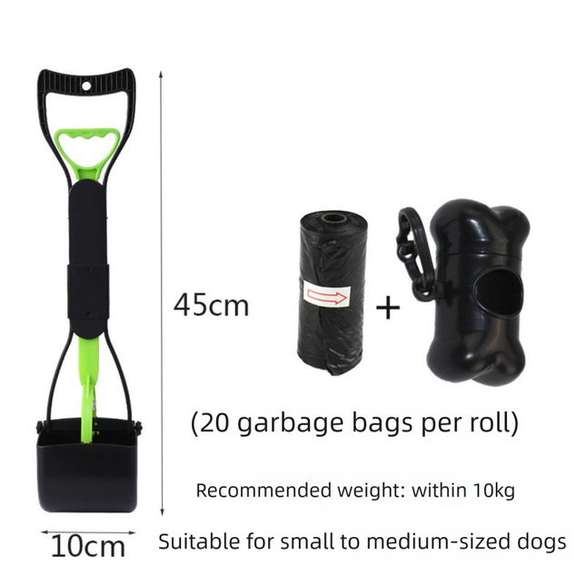 Medium Foldable Pet Pooper Scooper 45cm Portable Dog Waste Jaw Clamp with Bone Dispenser & 20 Bags Green.