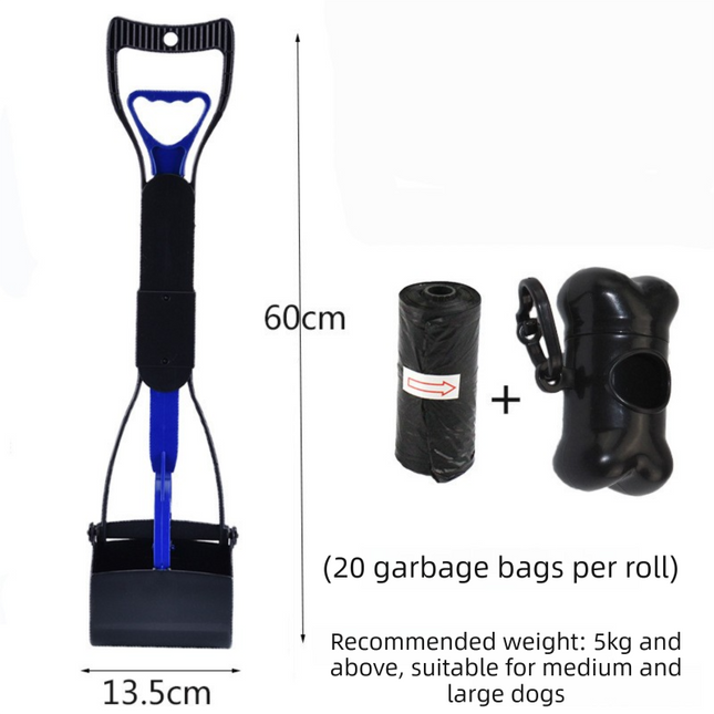 Large Foldable Pet Pooper Scooper 60cm Long Handle Dog Waste Picker Jaw Clamp with Bone Dispenser & Bags Blue.