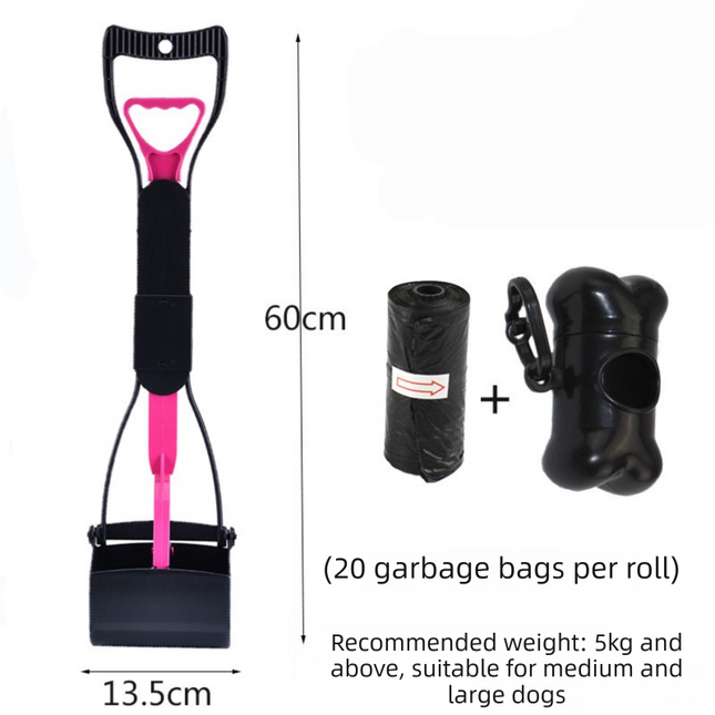 Large Foldable Pet Pooper Scooper 60cm Long Handle Dog Waste Picker Jaw Clamp with Bone Dispenser & Bags Pink.