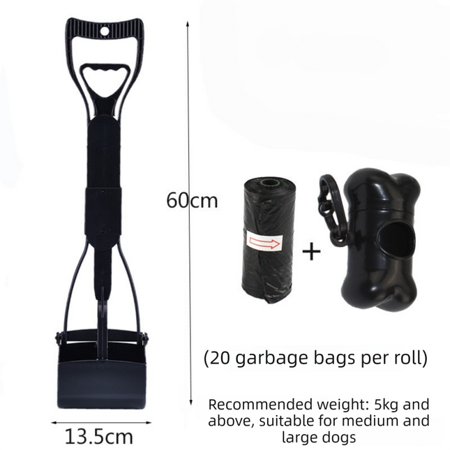 Large Foldable Pet Pooper Scooper 60cm Long Handle Dog Waste Picker Jaw Clamp with Bone Dispenser & Bags Black.