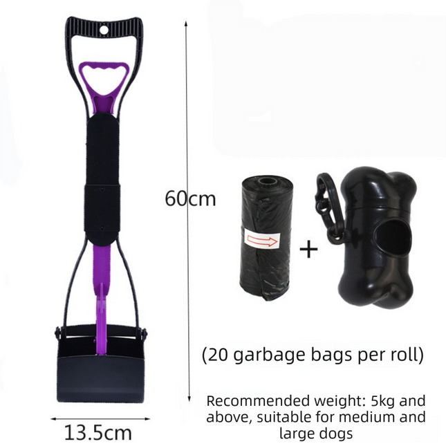 Large Foldable Pet Pooper Scooper 60cm Long Handle Dog Waste Picker Jaw Clamp with Bone Dispenser & Bags Purple.