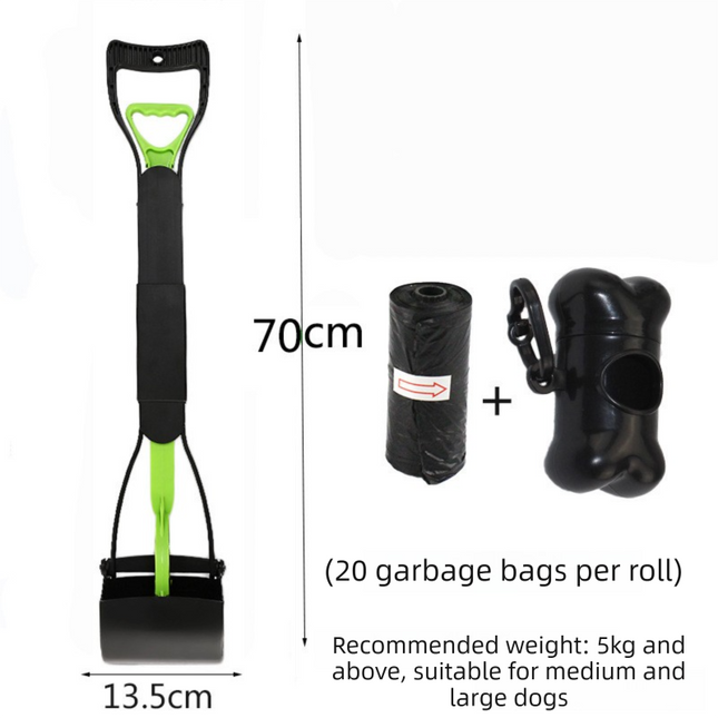 Extra Long 70cm Foldable Pet Pooper Scooper Heavy Duty Dog Waste Picker Jaw Clamp with Dispenser & Bags Green.